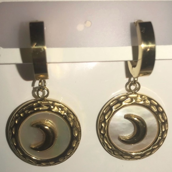 “Mother of Pearl Crescent Moon” Rainbow Iridescent Celestial Gold Steel Hoops - Picture 14 of 17